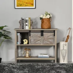 HOMCOM Farmhouse Style Console Table With Sliding Barn Doors And 4 Open Storage Compartments And Elevated Base, Gray -Baxton Studio Shop GUEST 5e378e06 552f 4ad6 90fd 0f132a4179cf