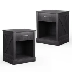 Costway 2PCS Nightstand With Drawer And Shelf Rustic Wooden Bedside Table Bedroom Brown / Natural / Black -Baxton Studio Shop GUEST 6015bbbc d86c 422f a195 74a3433ced98