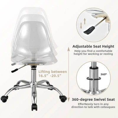 Costway Rolling Acrylic Armless Office Chair Swivel Vanity Chair Adjustable Height 6 Costway Rolling Acrylic Armless Office Chair Swivel Vanity Chair Adjustable Height - Image 6