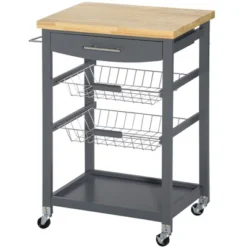 HOMCOM 3-Tier Utility Kitchen Cart With Handle Bar, Steel Basket Rolling Cart, Food Storage Service Trolley With Drawer, Rubber Wood Top -Baxton Studio Shop GUEST 63b0f4ac 1472 47c0 8830 3e745736ddf3
