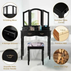 Costway Black Tri Folding Mirror Vanity Makeup Table Stool 4 Drawers -Baxton Studio Shop GUEST 63e8e497 7156 4d7f a37a b000cdd675ca