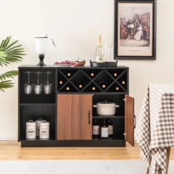 Costway Industrial Wine Bar Cabinet Sideboard Buffet With Glass Holder & Adjustable Shelf -Baxton Studio Shop GUEST 6665d5dc b340 464d 89fe 370d3af28634