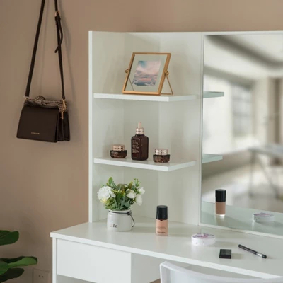 Basicwise Modern Wooden Dressing Table With Drawer, Mirror And Shelves For The Dining Room, Entryway And Bedroom 3 Basicwise Modern Wooden Dressing Table With Drawer, Mirror And Shelves For The Dining Room, Entryway And Bedroom - Image 3