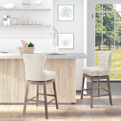 HOMCOM Upholstered Fabric Bar Height Bar Stools Set Of 2, 180° Swivel Nailhead-Trim Pub Chairs, 30" Seat Height With Rubber Wood Legs 2 HOMCOM Upholstered Fabric Bar Height Bar Stools Set Of 2, 180° Swivel Nailhead-Trim Pub Chairs, 30" Seat Height With Rubber Wood Legs - Image 2