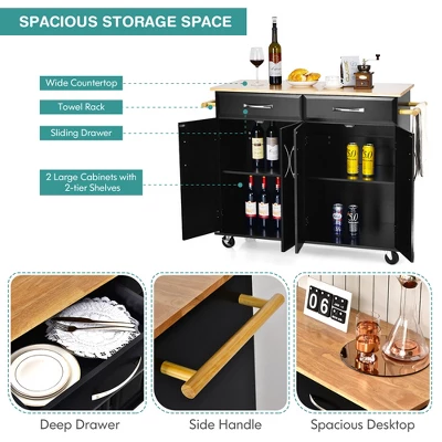 Costway 4-Door Rolling Kitchen Island Cart Buffet Cabinet W/ Towel Racks Drawers WhiteBlack 5 Costway 4-Door Rolling Kitchen Island Cart Buffet Cabinet W/ Towel Racks Drawers WhiteBlack - Image 5