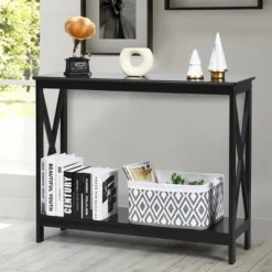 Costway 2-Tier Console Table X-Design Bookshelf Sofa Side Accent Table W/Shelf White BlackEspressoWood Grain