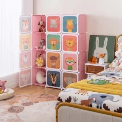 Costway 12-Cube Kids Wardrobe Baby Dresser Bedroom Armoire Clothes Hanging Closet With Door Blue/Pink -Baxton Studio Shop GUEST 72bfccda e0c4 4514 b17f 8d2902b5c8ef