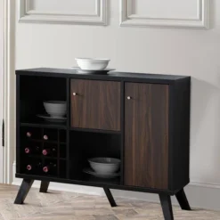 Wooden Wine Bar Storage Cabinet With 2 Door Cabinet And Storage Cubes Black/Brown - Benzara -Baxton Studio Shop GUEST 7343390e 225a 4b4e a3b5 c804a6cceb33