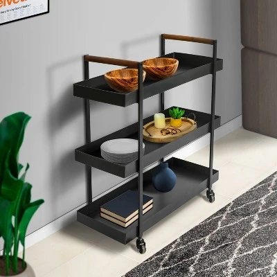 Metal Frame Bar Cart With Tray Shelves Black - The Urban Port 5 Metal Frame Bar Cart With Tray Shelves Black - The Urban Port - Image 5