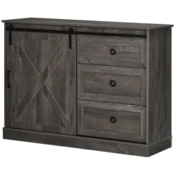 HOMCOM Farmhouse Coffee Bar Cabinet, Kitchen Sideboard, Buffet Cabinet With Sliding Barn Door And 3 Storage Drawers For Living Room, Dark Gray -Baxton Studio Shop GUEST 763ccc50 45d2 43d0 95e9 7118610dc5cc