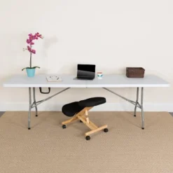 Emma And Oliver 8-Foot Bi-Fold Granite White Plastic Banquet And Event Folding Table With Handle