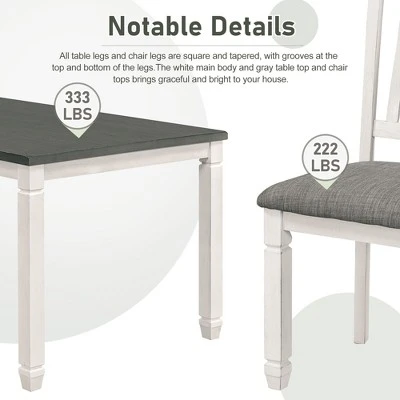 7-Piece Wooden Dining Table Set With 1 Dining Table And 6 Upholstered Chairs With Shaped Legs, Gray+White - ModernLuxe 10 7-Piece Wooden Dining Table Set With 1 Dining Table And 6 Upholstered Chairs With Shaped Legs, Gray+White - ModernLuxe - Image 10