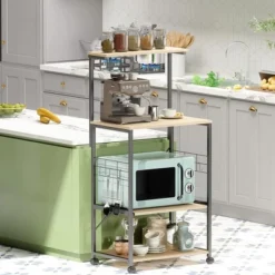 Bestier 4 Tier Shelves Portable Utility Kitchen Storage Baker's Rack Organizer Cart Stand With Adjustable Wheels And Side Hooks, 49 Inch, Oak -Baxton Studio Shop GUEST 813e332a dd06 41fd 85ac 9c39ccb6bbe5