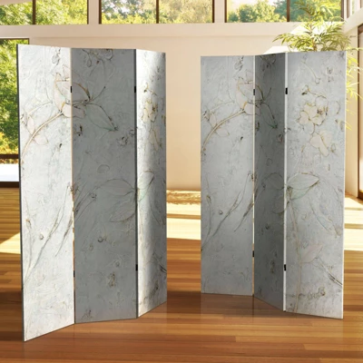 6" Double Sided Flowers Canvas Room Divider Ivory - Oriental Furniture 2 6" Double Sided Flowers Canvas Room Divider Ivory - Oriental Furniture - Image 2