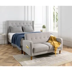 Adair Mid Century Modern Loveseat With Armrest Pockets Tufted Linen Fabric Light Gray - Mellow -Baxton Studio Shop GUEST 82064f87 ea2d 434d b719 8bece817e48b