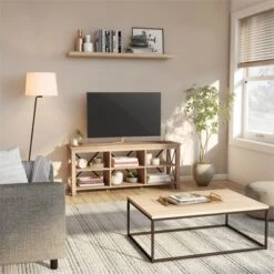 58" Open Back TV Stand In White Oak Wood With Metal Black Accents - Henn&Hart 12 58" Open Back TV Stand In White Oak Wood With Metal Black Accents - Henn&Hart -Baxton Studio Shop GUEST 86005e50 9984 42f3 8d75 ea2130bbf1c0