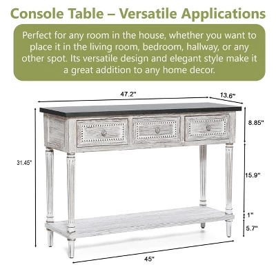LuxenHome Distressed White Wood And Metal 3-Drawer 1-Shelf Console And Entry Table 2 LuxenHome Distressed White Wood And Metal 3-Drawer 1-Shelf Console And Entry Table - Image 2