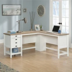 Cottage Road L-Shaped Desk With Oak Finished Top Soft White - Sauder