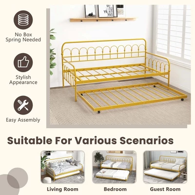 Costway Twin Size Metal Daybed With Trundle Space-Saving Sofa Bed Lockable Wheels Gold 7 Costway Twin Size Metal Daybed With Trundle Space-Saving Sofa Bed Lockable Wheels Gold - Image 7