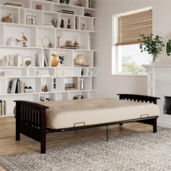 Full Size Holly Espresso Wood Arm Futon Frame With 6" Microfiber Mattress Tan - Room & Joy -Baxton Studio Shop GUEST 910964fc 8fa3 4ccf af81 67135fc2c305