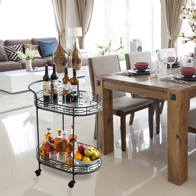 Deluxe 2 Tier Metal Oval Mirrored Bar Cart Black - Glitzhome 2 Deluxe 2 Tier Metal Oval Mirrored Bar Cart Black - Glitzhome - Image 2