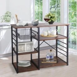 Wood And Metal Bakers Rack With 4 Shelves And Wire Basket Brown/Black - Benzara -Baxton Studio Shop GUEST 95eb2ce4 d59f 45a6 85a9 d9cb36f56ba4