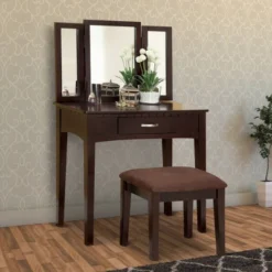 Wooden Vanity Table With 3 Panel Mirror And Padded Stool Brown - Benzara 7 Wooden Vanity Table With 3 Panel Mirror And Padded Stool Brown - Benzara -Baxton Studio Shop GUEST 9619d486 9469 49f5 901a a7a4f84b9d76