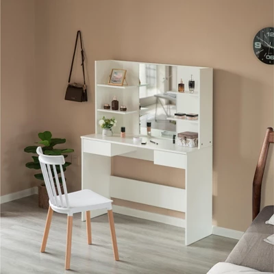 Basicwise Modern Wooden Dressing Table With Drawer, Mirror And Shelves For The Dining Room, Entryway And Bedroom 2 Basicwise Modern Wooden Dressing Table With Drawer, Mirror And Shelves For The Dining Room, Entryway And Bedroom - Image 2