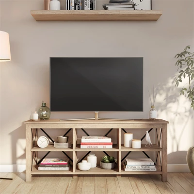 58" Open Back TV Stand In White Oak Wood With Metal Black Accents - Henn&Hart 1 58" Open Back TV Stand In White Oak Wood With Metal Black Accents - Henn&Hart