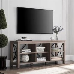 58" Open Back TV Stand In Gray Oak Wood With Metal Black Accents - Henn&Hart