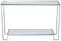 55 Downing Street Modern Chrome Stainless Steel Rectangular Console Table 47 1/2" X 13 3/4" Silver Tempered Glass Tabletop For Living Room Entryway -Baxton Studio Shop GUEST 9bc08ede b54b 4c15 95de 6e496dccfa02