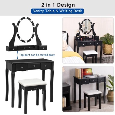 Tangkula Vanity Table Makeup Dresser Desk W/LED Light Drawers & Stool Black/Brown/White 4 Tangkula Vanity Table Makeup Dresser Desk W/LED Light Drawers & Stool Black/Brown/White - Image 4