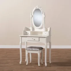 2pc Veronique White Finished Wood Vanity Table With Mirror And Ottoman White - Baxton Studio -Baxton Studio Shop GUEST 9de0152d 3774 4a54 9546 3c1b96daaf3d