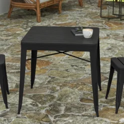 Merrick Lane 31.5" Square Indoor/Outdoor Black Steel Patio Dining Table For 4 With Black Poly Resin Slatted Top