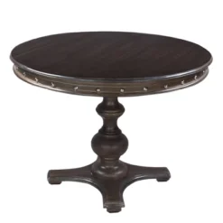 42" Handcrafted Round Mango Wood Dining Table With Subtle Rivet Accents And Turned Pedestal Base Brown - The Urban Port