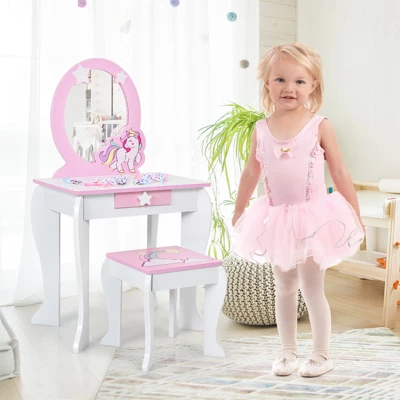 Tangkula 2-in-1 Kids Vanity Set Makeup Table & Chair Set For Toddlers W/Detachable Mirror Pink/White 4 Tangkula 2-in-1 Kids Vanity Set Makeup Table & Chair Set For Toddlers W/Detachable Mirror Pink/White - Image 4