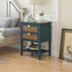Archie 28.35"H X 15.75"D X 22.05"W Ash Wood Veneer 2 Drawer With Naturel Rattan And Pine Legs Nightstand With Storage - The Pop Maison -Baxton Studio Shop GUEST a2eca3d0 45ca 415e 86a4 ec2eebf986ef