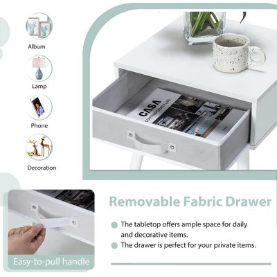 Costway Mid-Century Nightstand End Accent Bedside Table W/ Fabric Drawer Rustic White 6 Costway Mid-Century Nightstand End Accent Bedside Table W/ Fabric Drawer Rustic White - Image 6