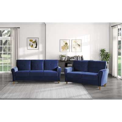 Dunleith Modern Contemporary Velvet Tufted Loveseat In Blue And Walnut - Lexicon 4 Dunleith Modern Contemporary Velvet Tufted Loveseat In Blue And Walnut - Lexicon - Image 4
