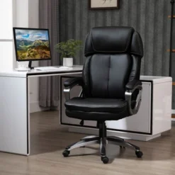 Vinsetto High Back Ergonomic Home Office Chair, PU Leather Swivel Chair With Adjustable Height, Lumbar Support And Padded Armrests, Black