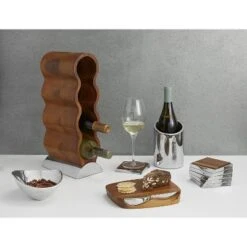 Nambe Handcrafted Acacia Wood Curvo Winery Rack With Alloy Metal Base Modern Design, Holds 4 Bottles, Brown Silver -Baxton Studio Shop GUEST a7680977 667e 47d4 b6ce afeb8380dc37