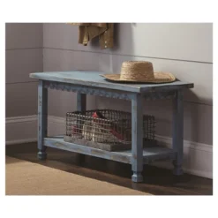 Country Cottage Entryway Wood Bench With Shelf Antique Finish - Alaterre Furniture