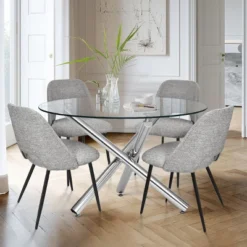 Eileen+Edwin 5-Piece Round Clear Glass Dining Table Set With 4 Upholstered Chairs -The Pop Maison -Baxton Studio Shop GUEST ac9f2318 5143 487e a4ae e43f5a356786