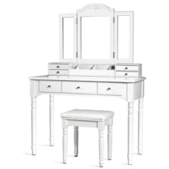 Tangkula 7 Drawers Tri-Folding Vanity Mirror Makeup Dressing Table Set W/ Necklace Hook -Baxton Studio Shop GUEST ae27b0b2 c6bf 4ee8 b8b2 e4b9a315a001
