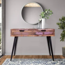 43" 2 Drawer Reclaimed Wood Console Table With Angled Legs And Pastel Accent Brown/Black - The Urban Port -Baxton Studio Shop GUEST affca04b 2446 4936 b0bb 70d3cdaee07b