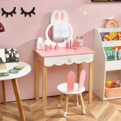 Costway Kids Vanity Set Rabbit Makeup Dressing Table Chair Set W/ Mirror Drawer WhitePink