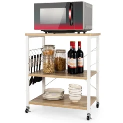 Tangkula Kitchen Baker's Rack 3-Tier Microwave Cart With Wheels&10 Hooks Rustic Brown/Maple/Vintage/Nut Brown -Baxton Studio Shop GUEST b36eabbf 4b19 4bbe 9b3d 864328ef23ee