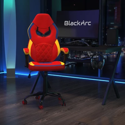 BlackArc High Back Gaming Chair With Red And Yellow Faux Leather Upholstery, Adjustable Swivel Seat And Padded Flip-Up Arms 1 BlackArc High Back Gaming Chair With Red And Yellow Faux Leather Upholstery, Adjustable Swivel Seat And Padded Flip-Up Arms