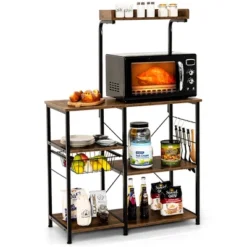 Costway 4-Tier Vintage Kitchen Baker's Rack Utility Microwave Stand W/ Basket & 5 Hooks -Baxton Studio Shop GUEST bc717fd5 fe56 40e6 a3fd a227876a02f6