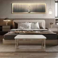 LuxenHome Upholstered Beige Linen Entryway And Bedroom Bench.